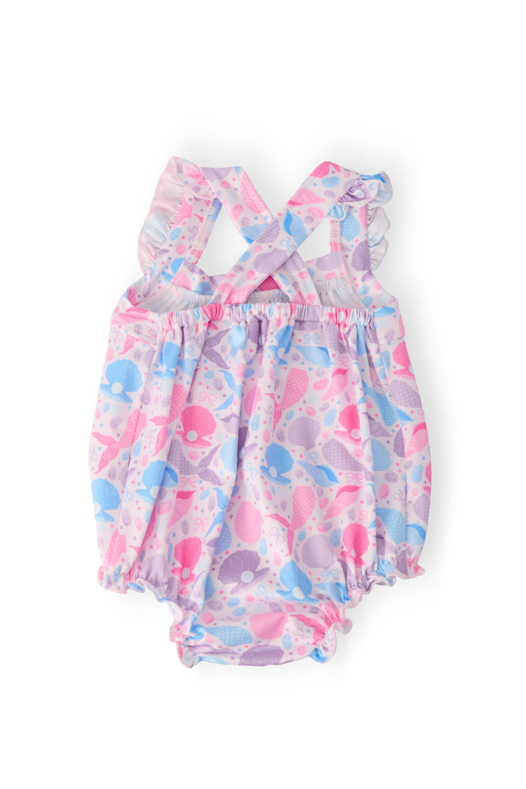 Mila & Rose ® Mermaid Tails Ruffle Cross Back Romper — detail close-up