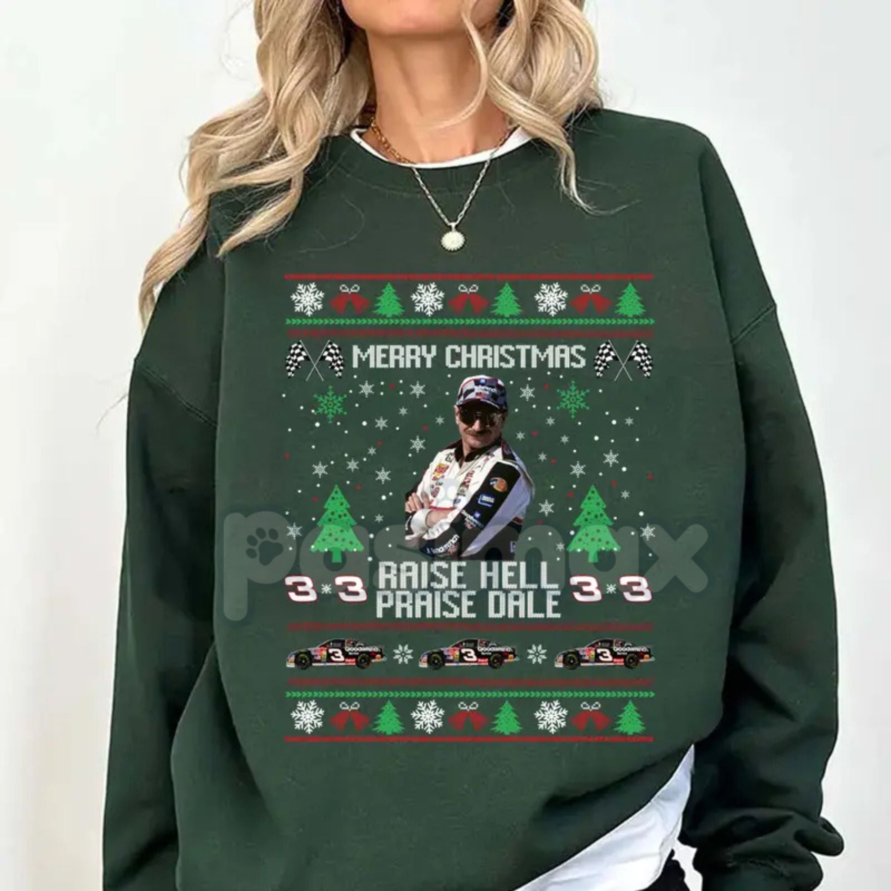 Pasimax Merry Christmas Raise Hell Praise Dale Sweatshirt | Funny NASCAR Dale Earnhardt Holiday Jumper | Rebel Fan Gift Crewn