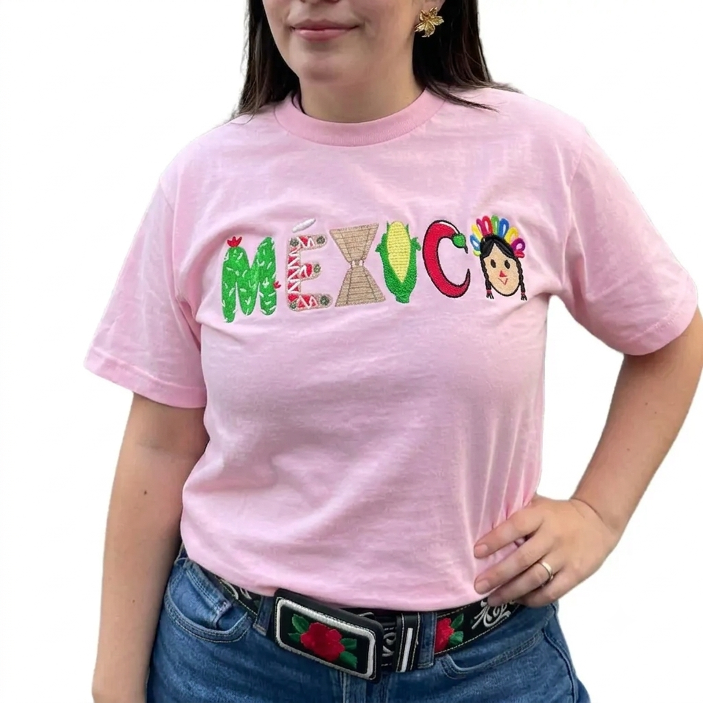 Mexico Embroidered Graphic Cotton T-Shirt – Cultural Heritage Tee, Unisex Embroidered Top for Travel & Vacation