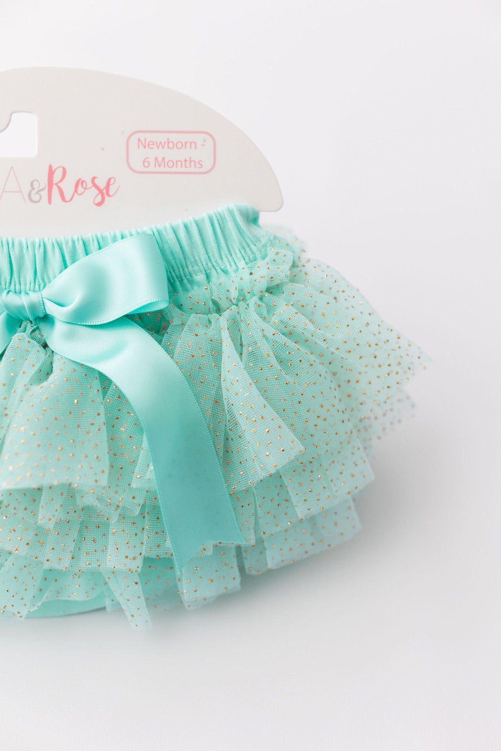 Mila & Rose ® Mint & Gold Glitter Ruffle Tutu Bloomer — detail close-up