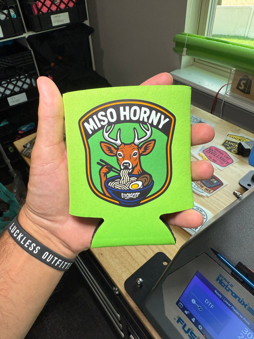 Luckless Outfitters Miso Horny Koozie — side view