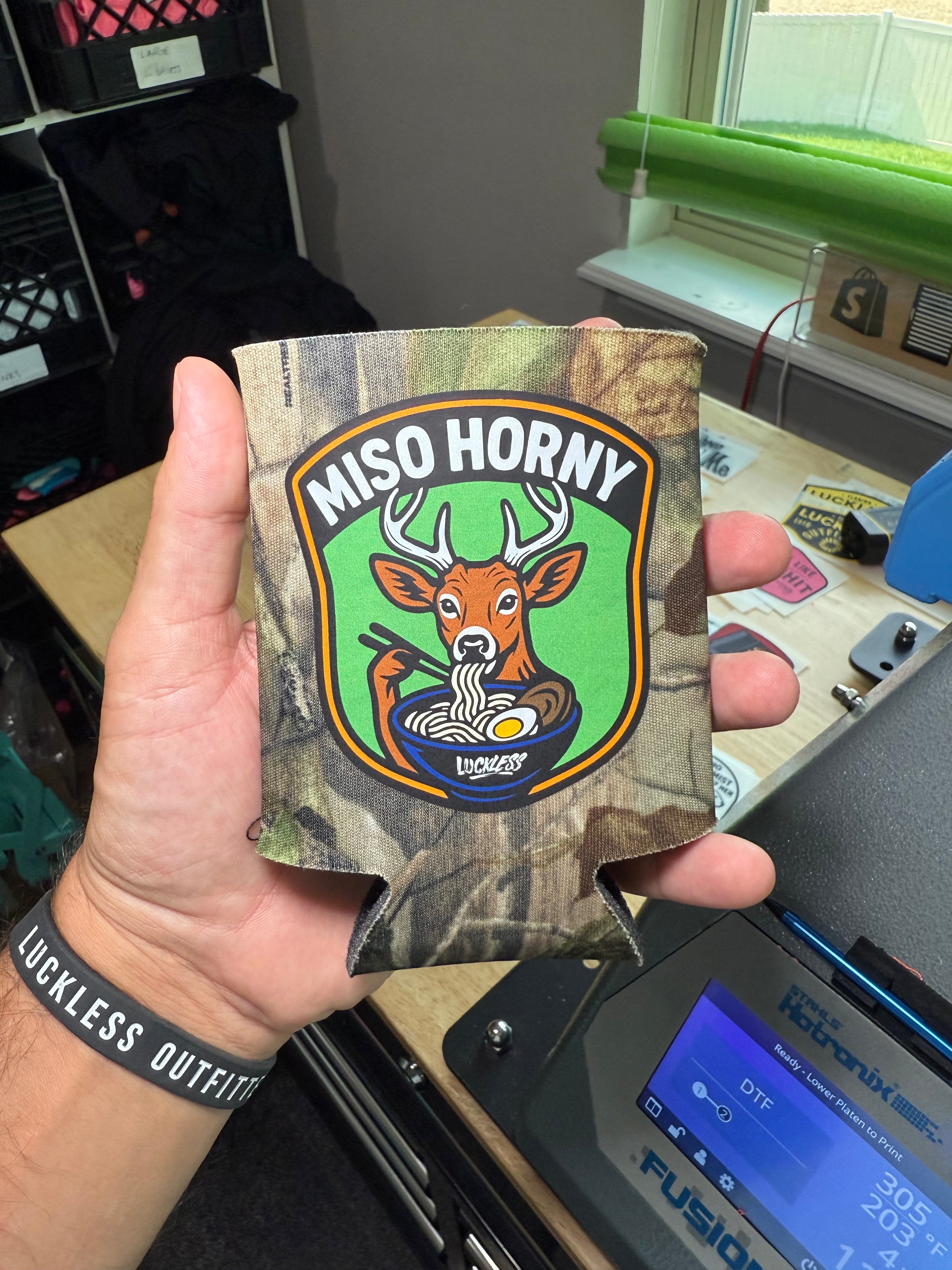 Luckless Outfitters Miso Horny Koozie — alternative angle