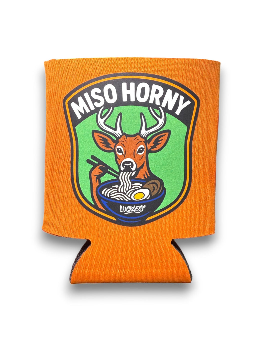 Luckless Outfitters Miso Horny Koozie — detail close-up