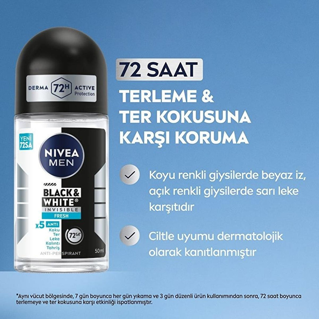 Nivea Men Black & White Invisible Fresh Deodorant Roll-On - Long Lasting Anti-Perspirant Protection for Men, 72 Hours Sweat & Odor Control, Anti-Stain, Dermatologically Tested