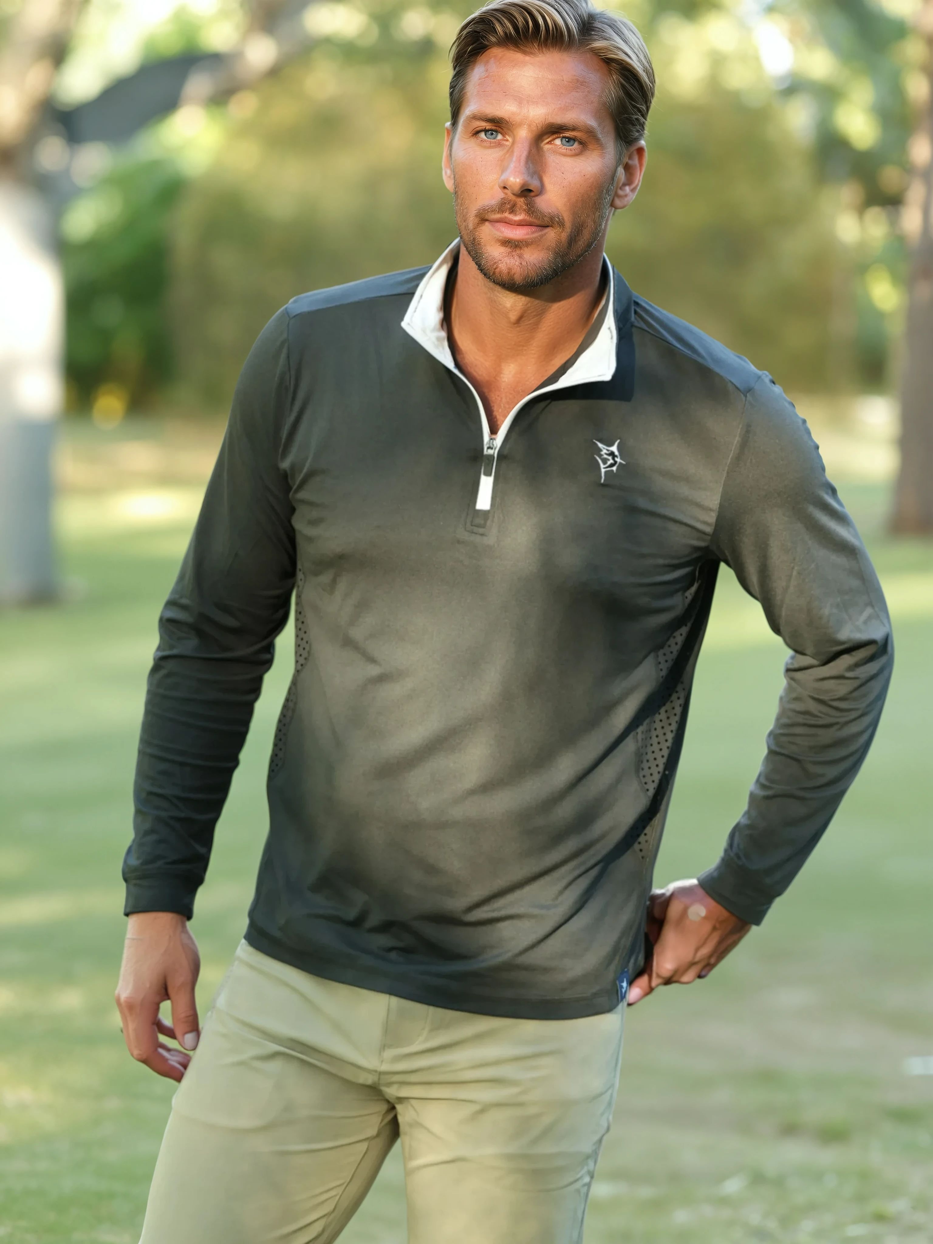 White Water Life Monterey Performance Quarter Zip — White Water Life branding close-up