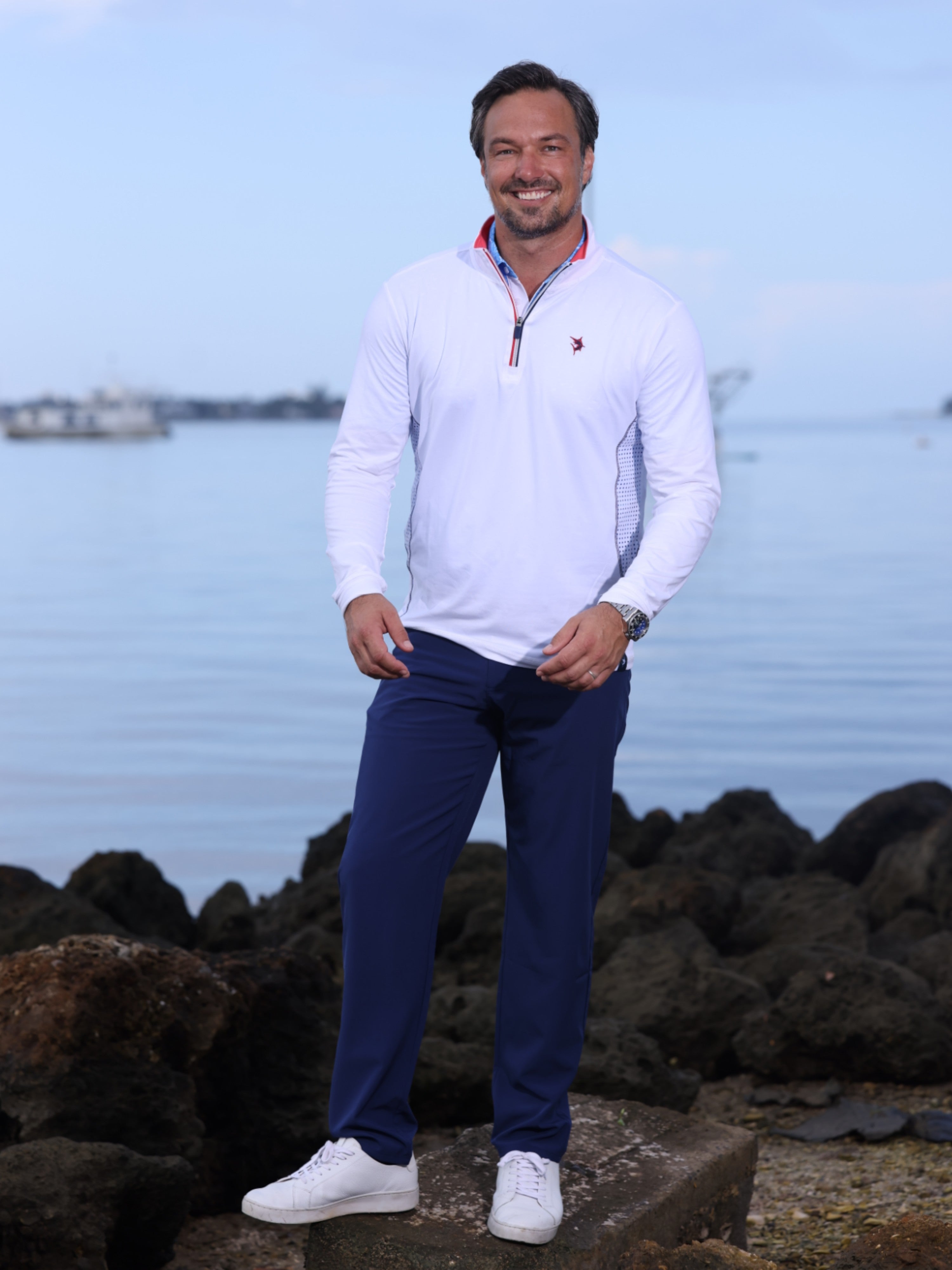 White Water Life Monterey Performance Quarter Zip — White Water Life branding close-up