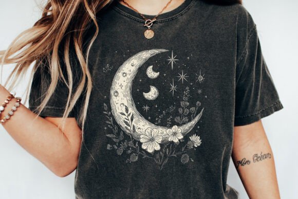 Spun Bamboo Moons and Stars Boho Flowers Vintage Unisex Bamboo/Cotton Graphic T-Shirt — detail close-up