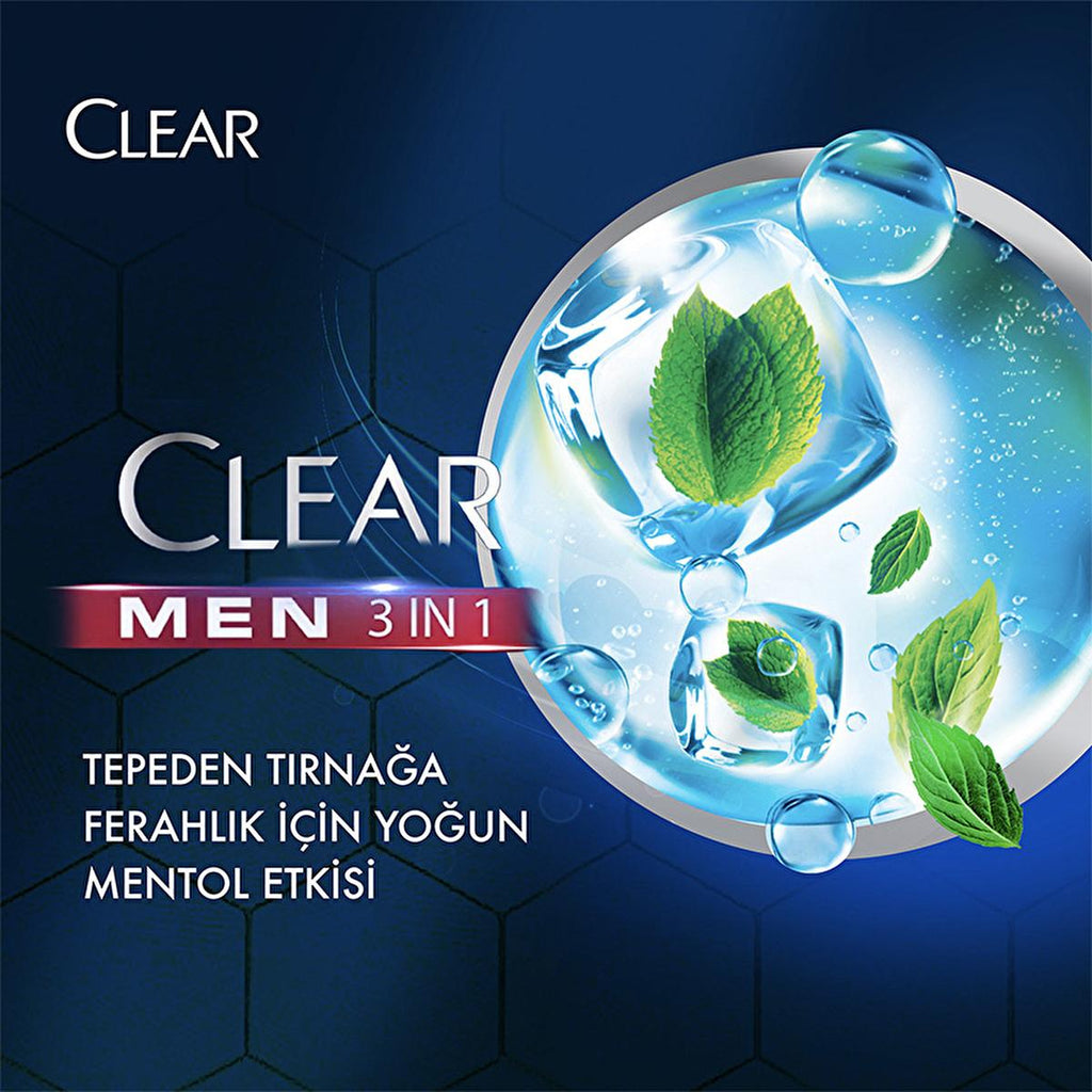 Clear Men 3-in-1 Menthol Refreshing Shampoo, Shower & Face Wash: Combat Dandruff, Cleanse & Invigorate - All In One.