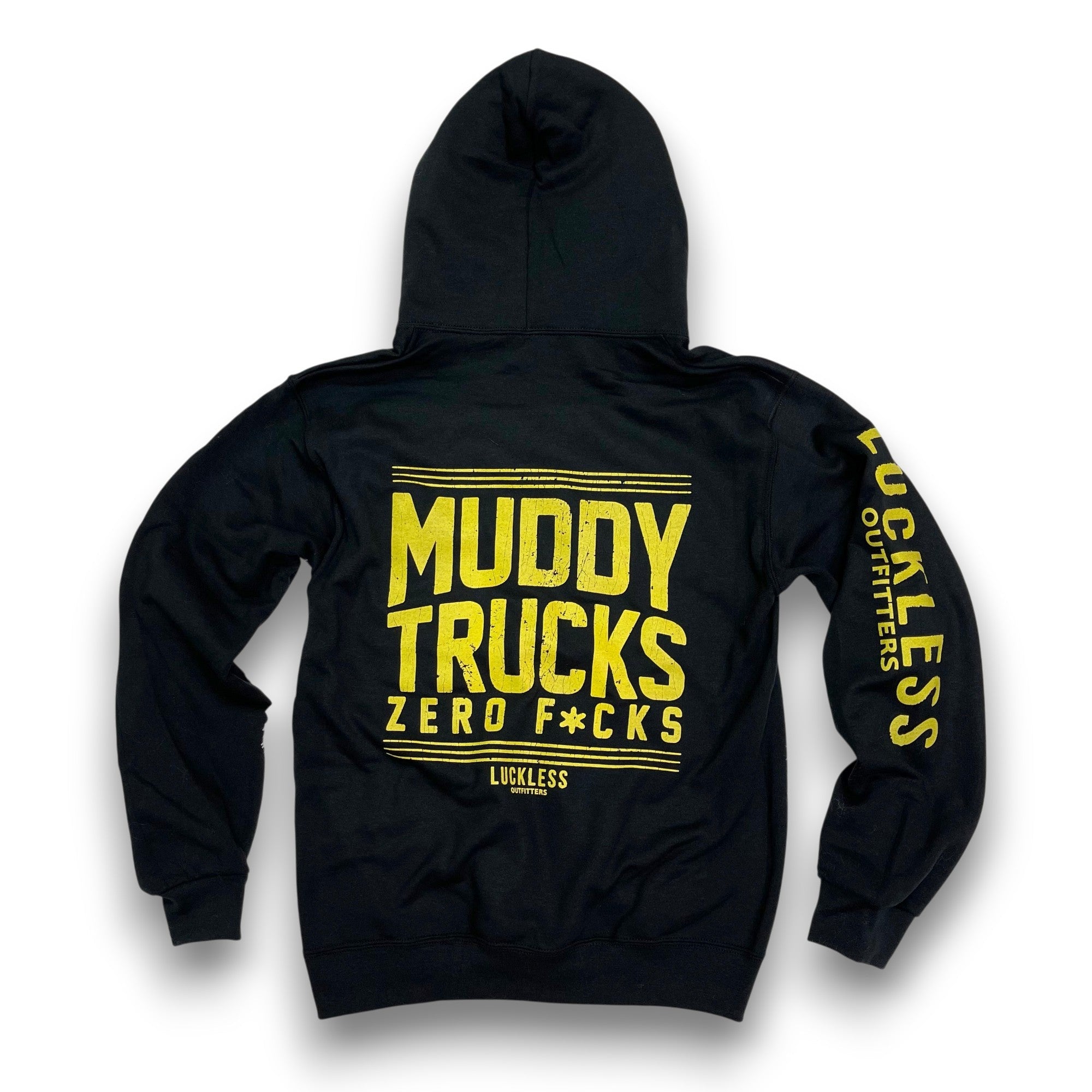 Luckless Outfitters Muddy Trucks Zero Fucks Hoodie — main product shot