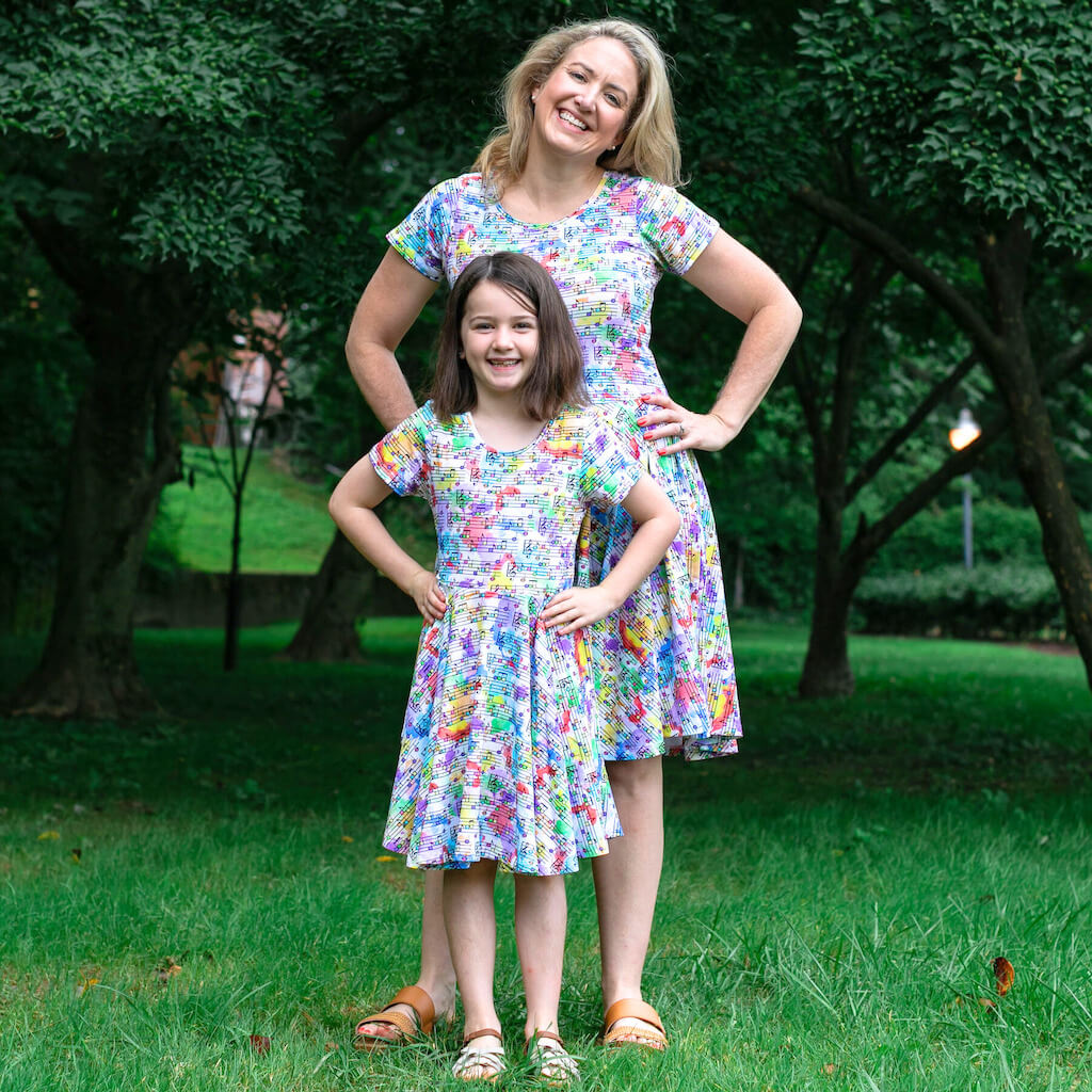Princess Awesome & Boy Wonder "Staff Meeting" Rainbow Music Notes Super Twirler Dress with Pockets — detail close-up