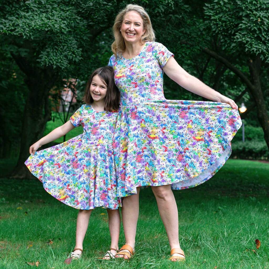 Princess Awesome & Boy Wonder Adult "Staff Meeting" Rainbow Music Notes Super Twirler Dress with Pockets — side view