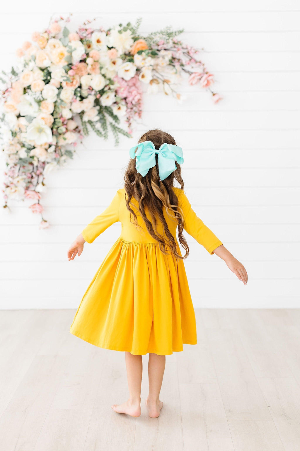 Mila & Rose ® Mustard 3/4 Sleeve Pocket Twirl Dress — detail close-up