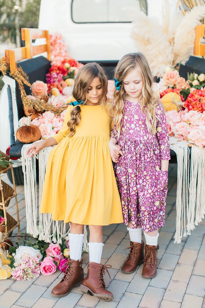 Mila & Rose ® Mustard 3/4 Sleeve Pocket Twirl Dress — side view