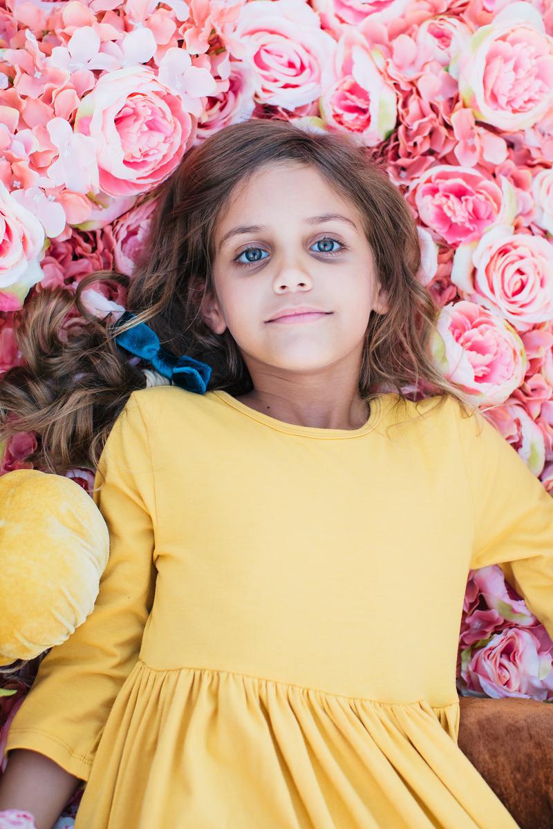 Mila & Rose ® Mustard 3/4 Sleeve Pocket Twirl Dress — back view