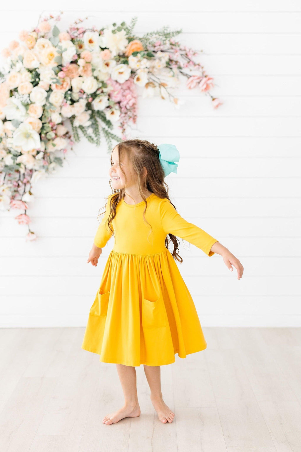 Mila & Rose ® Mustard 3/4 Sleeve Pocket Twirl Dress — main product shot