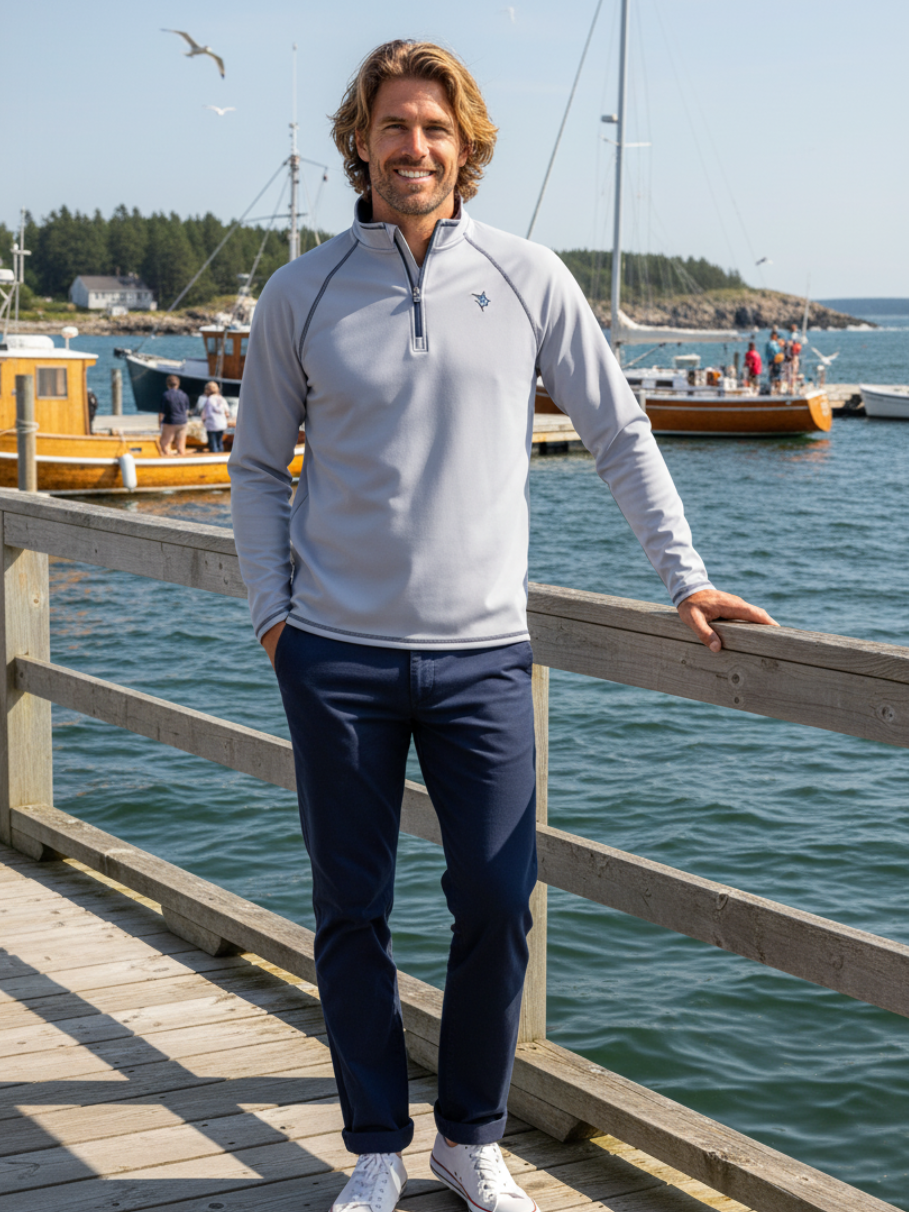 White Water Life New Harbor Quarter Zip Effortless Comfort — White Water Life branding close-up