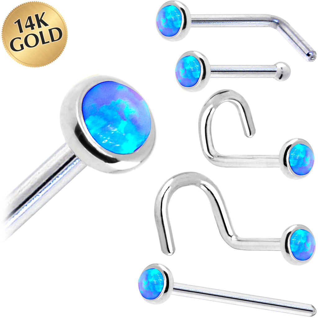 BodyCandy Solid 14K White Gold 2mm Blue Synthetic Opal Nose Ring — main product shot