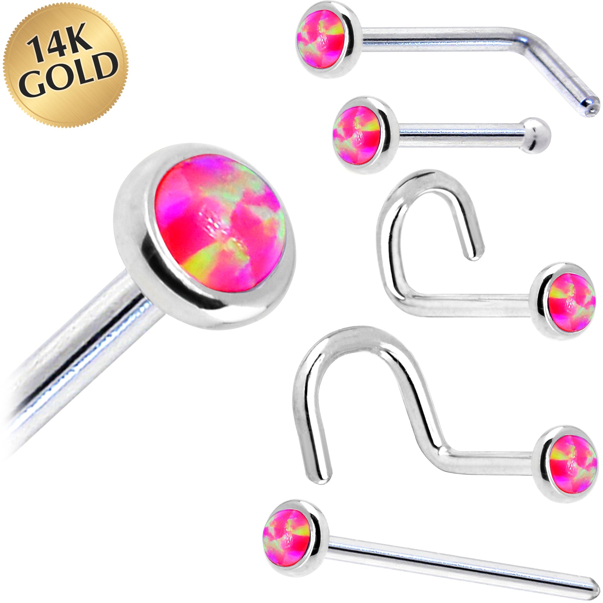 BodyCandy Solid 14K White Gold 2mm Brilliant Pink Synthetic Opal Nose Ring — main product shot
