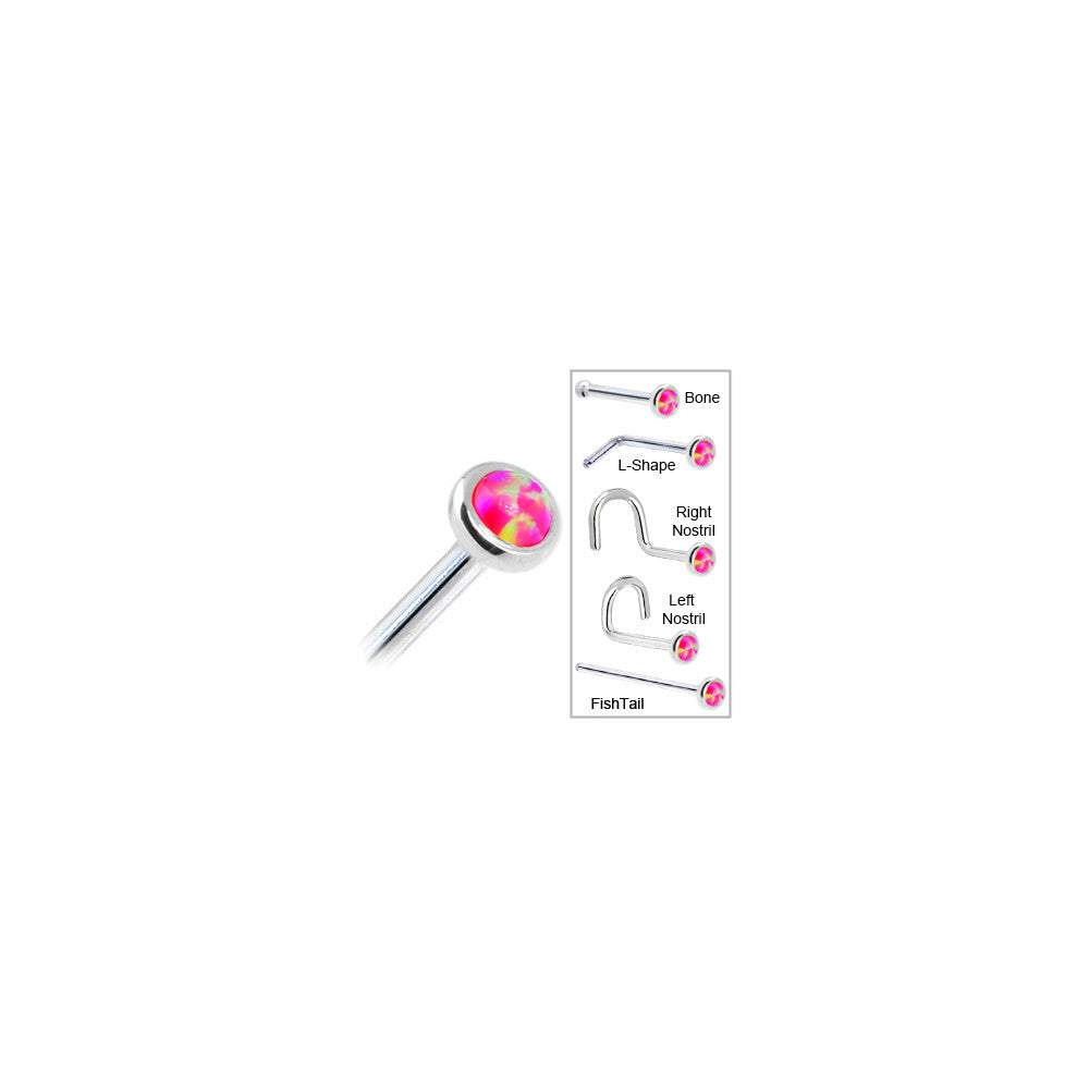 BodyCandy Solid 14K White Gold 2mm Brilliant Pink Synthetic Opal Nose Ring — in-use photo