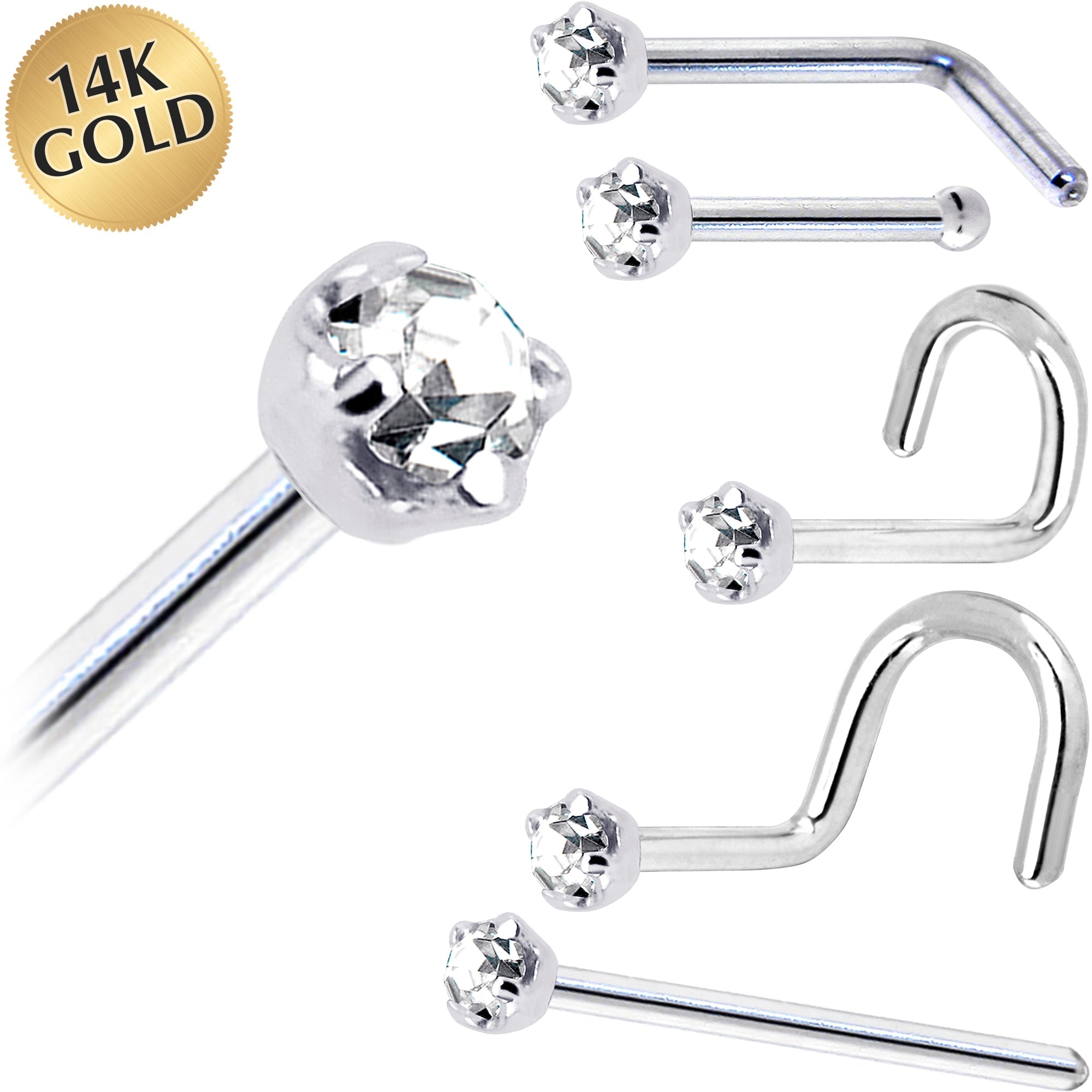 BodyCandy Solid 14K White Gold 2mm Clear Cubic Zirconia Nose Ring — main product shot