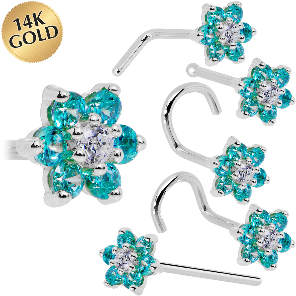 BodyCandy Solid 14K White Gold Mint Green and Clear Cubic Zirconia Flower Nose Ring — main product shot