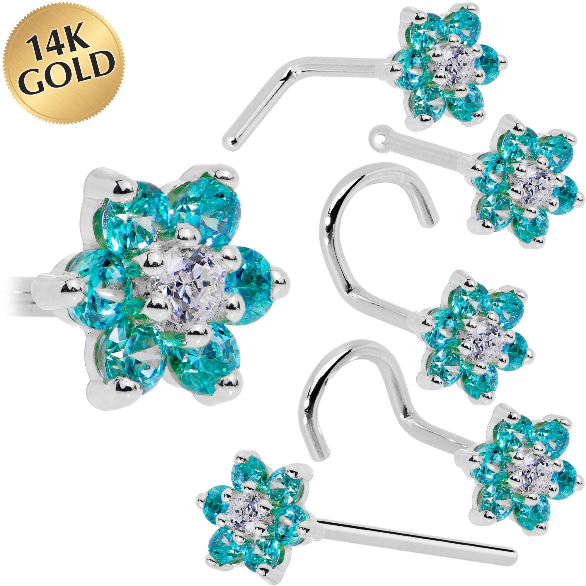 BodyCandy Solid 14K White Gold Mint Green and Clear Cubic Zirconia Flower Nose Ring — main product shot
