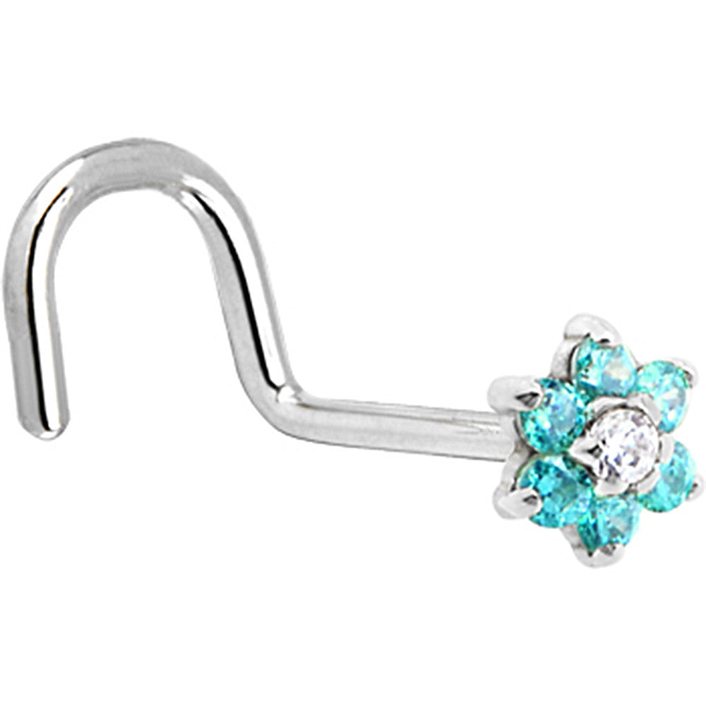 BodyCandy Solid 14K White Gold Mint Green and Clear Cubic Zirconia Flower Nose Ring — detail close-up