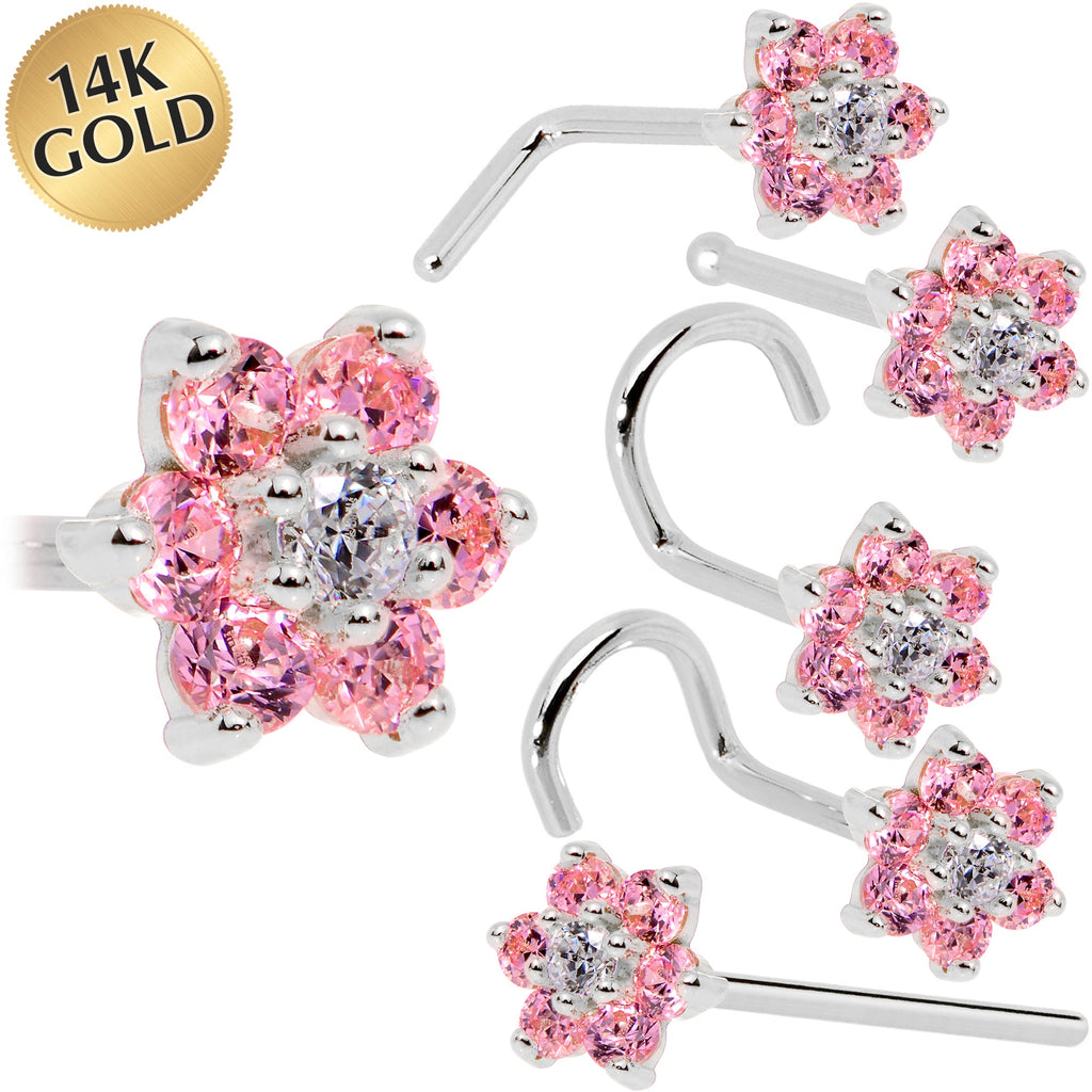 BodyCandy Solid 14K White Gold Pink and Clear Cubic Zirconia Flower Nose Ring — main product shot