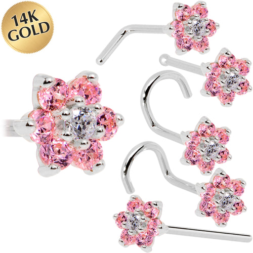 BodyCandy Solid 14K White Gold Pink and Clear Cubic Zirconia Flower Nose Ring — main product shot
