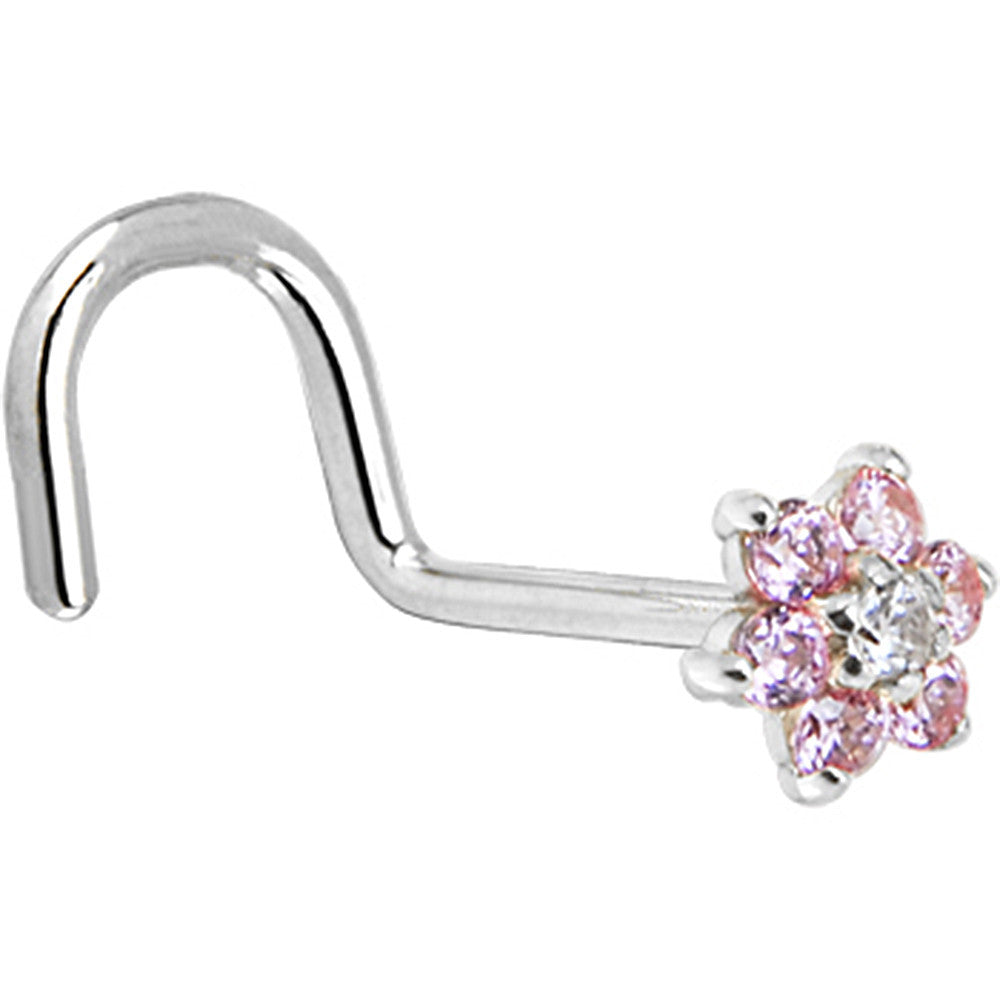 BodyCandy Solid 14K White Gold Pink and Clear Cubic Zirconia Flower Nose Ring — detail close-up