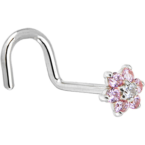 BodyCandy Solid 14K White Gold Pink and Clear Cubic Zirconia Flower Nose Ring — detail close-up