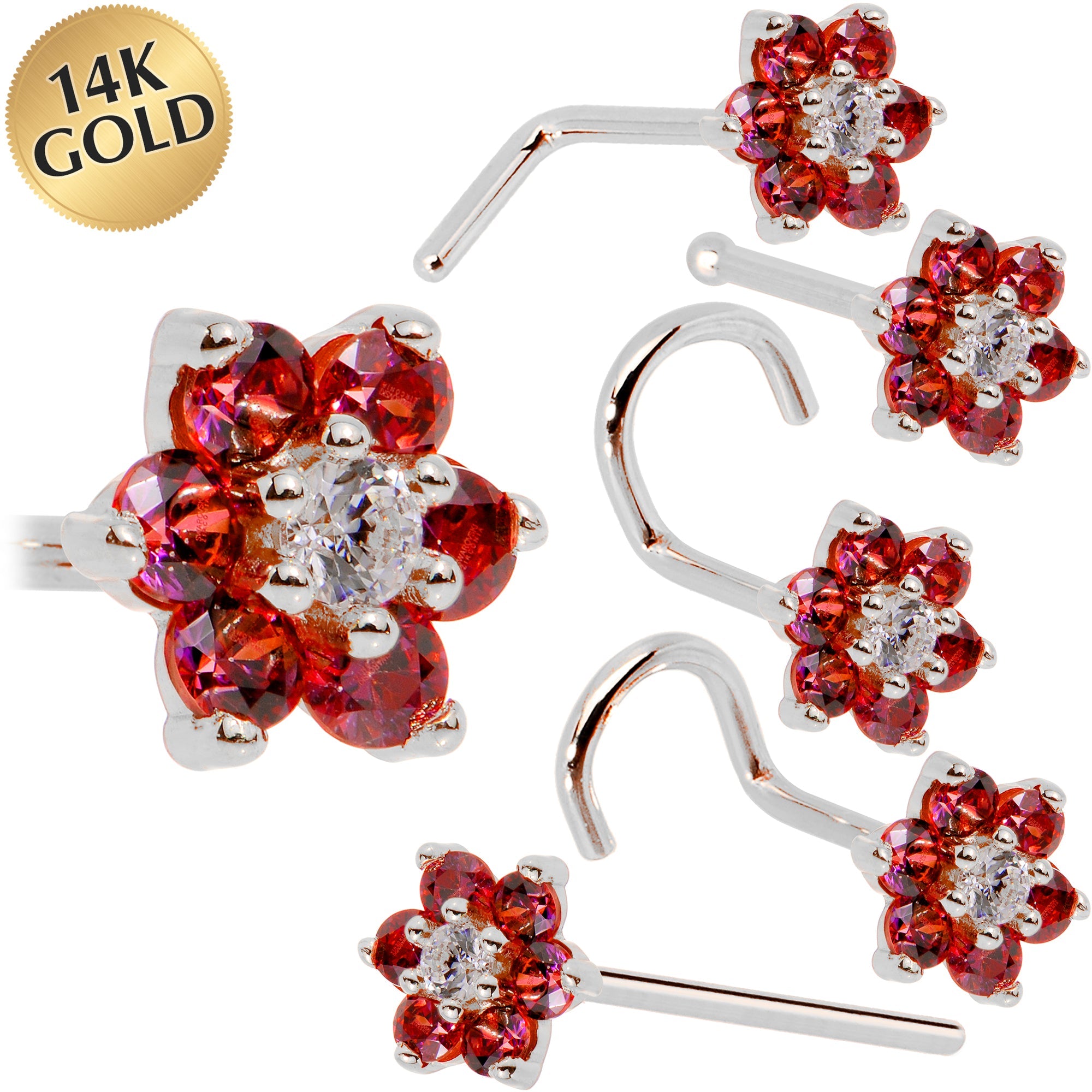 BodyCandy Solid 14K White Gold Red and Clear Cubic Zirconia Flower Nose Ring — main product shot