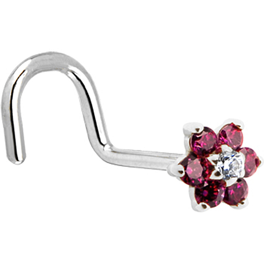 BodyCandy Solid 14K White Gold Red and Clear Cubic Zirconia Flower Nose Ring — detail close-up