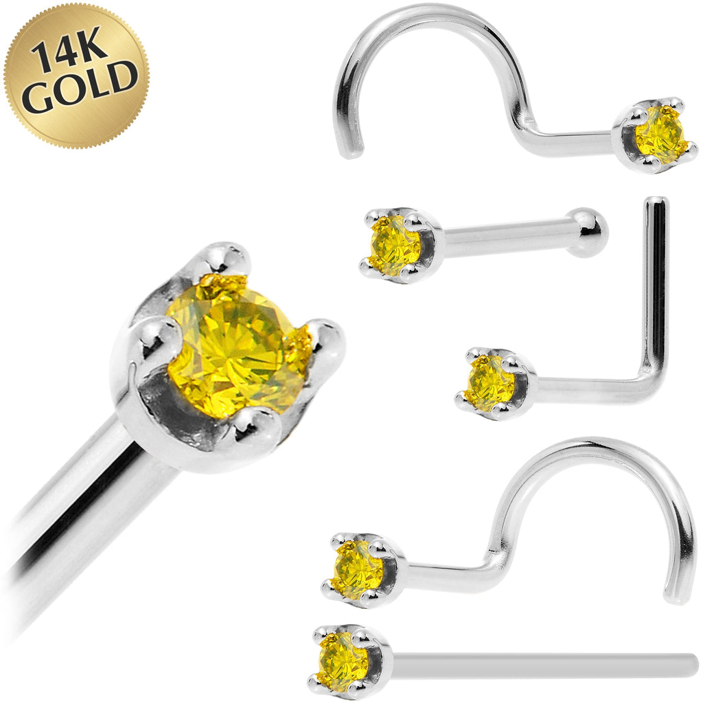 BodyCandy Solid 14K White Gold 1.5mm Genuine Yellow Diamond Nose Ring — main product shot