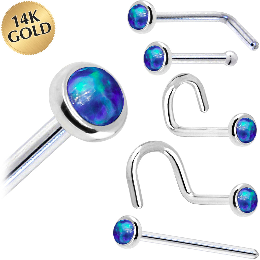 BodyCandy Solid 14K White Gold 2mm Dark Blue Synthetic Opal Nose Ring — main product shot