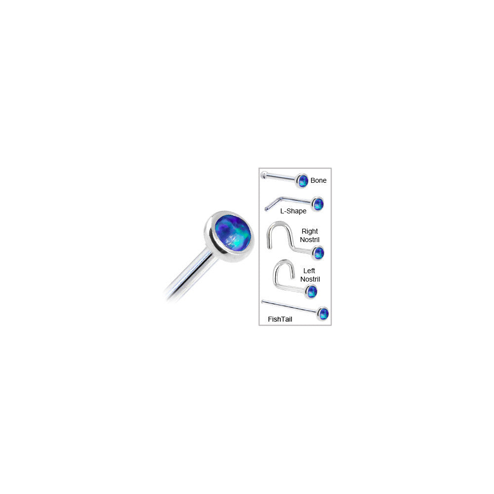 BodyCandy Solid 14K White Gold 2mm Dark Blue Synthetic Opal Nose Ring — in-use photo