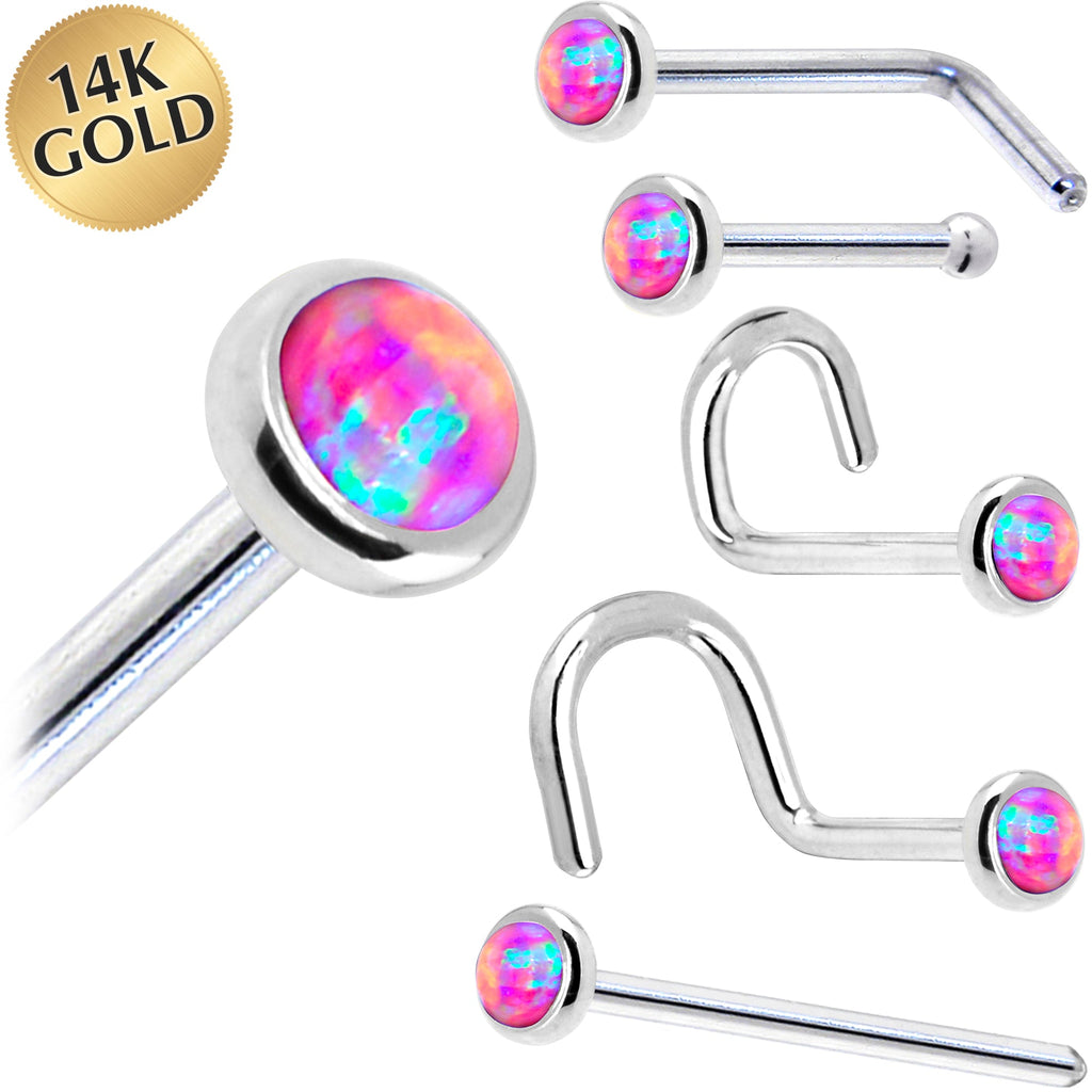BodyCandy Solid 14K White Gold 2mm Fuchsia Synthetic Opal Nose Ring — main product shot