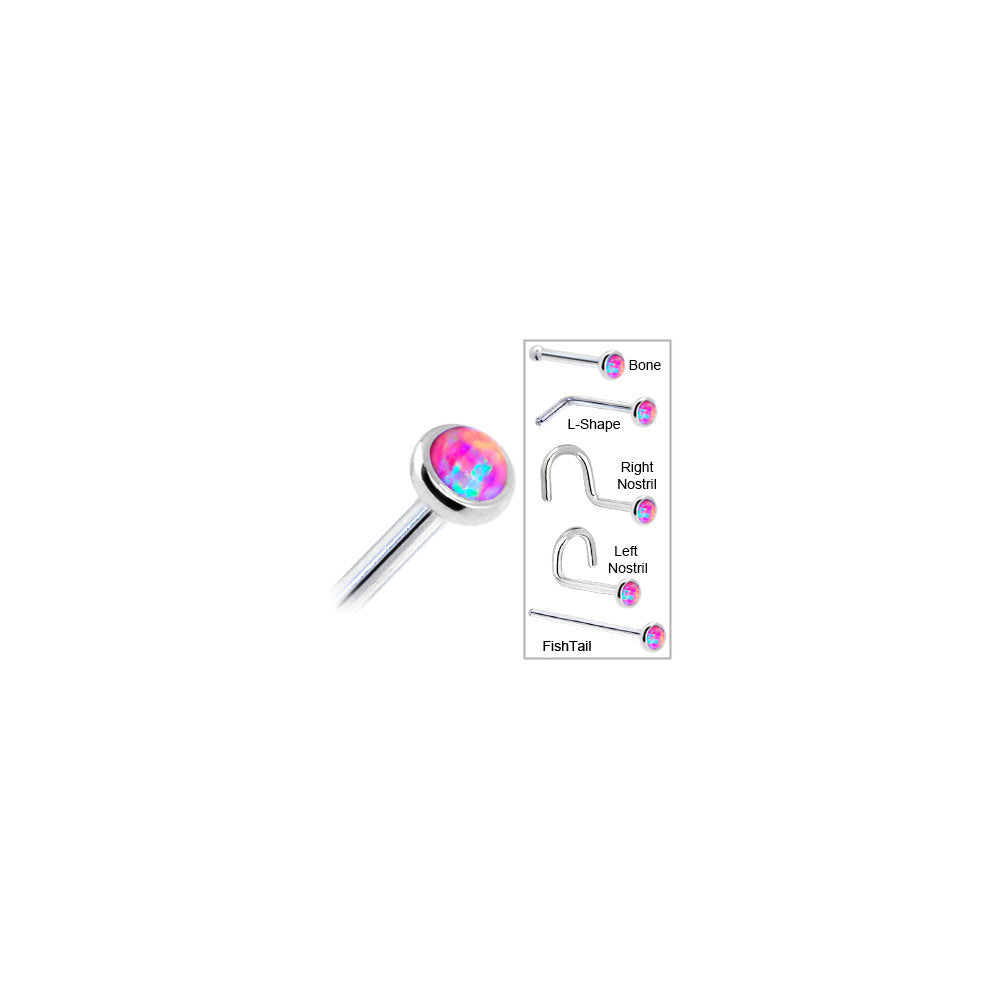 BodyCandy Solid 14K White Gold 2mm Fuchsia Synthetic Opal Nose Ring — in-use photo