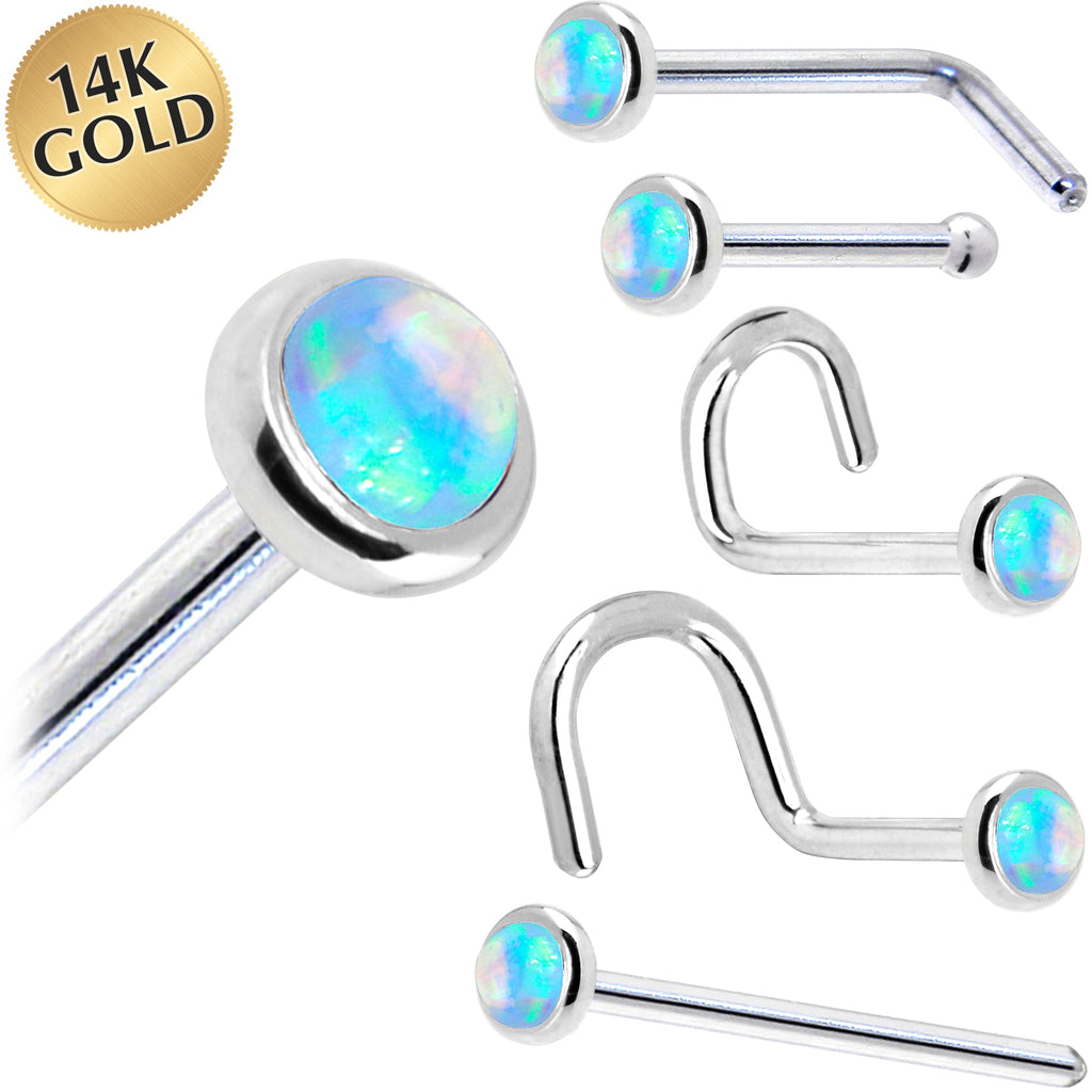 BodyCandy Solid 14K White Gold 2mm Light Blue Synthetic Opal Nose Ring — main product shot