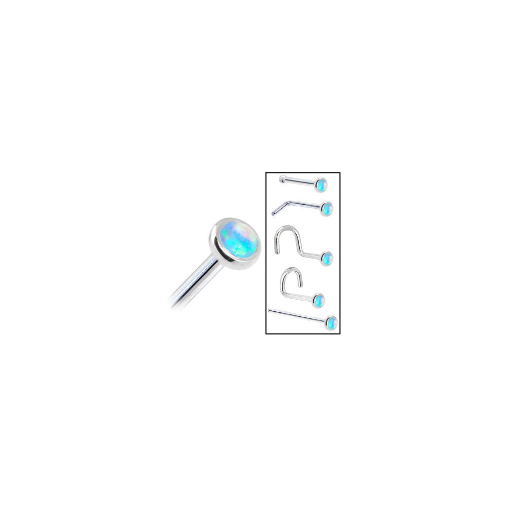 BodyCandy Solid 14K White Gold 2mm Light Blue Synthetic Opal Nose Ring — in-use photo