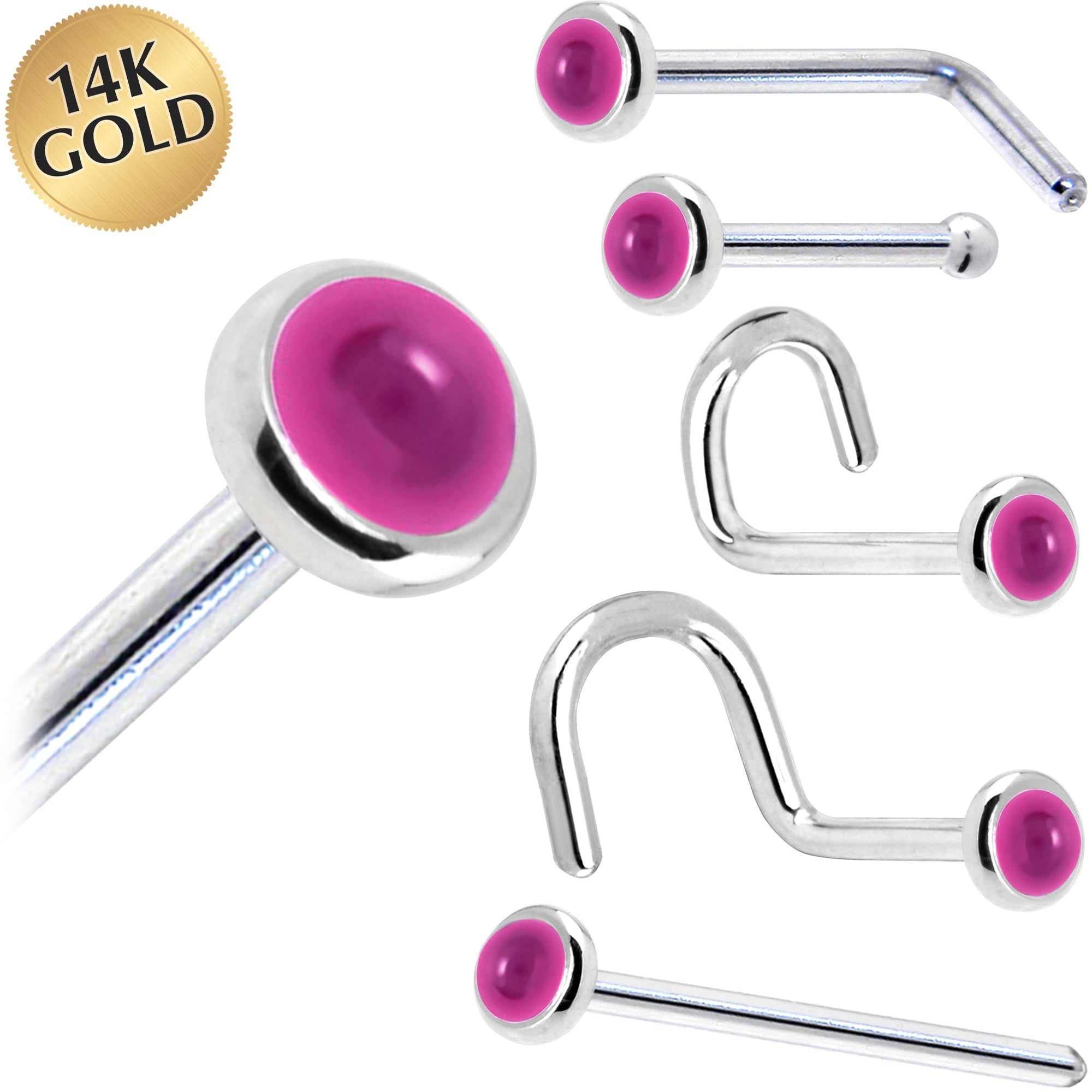 BodyCandy Solid 14K White Gold 2mm Genuine Pink Garnet Nose Ring — main product shot