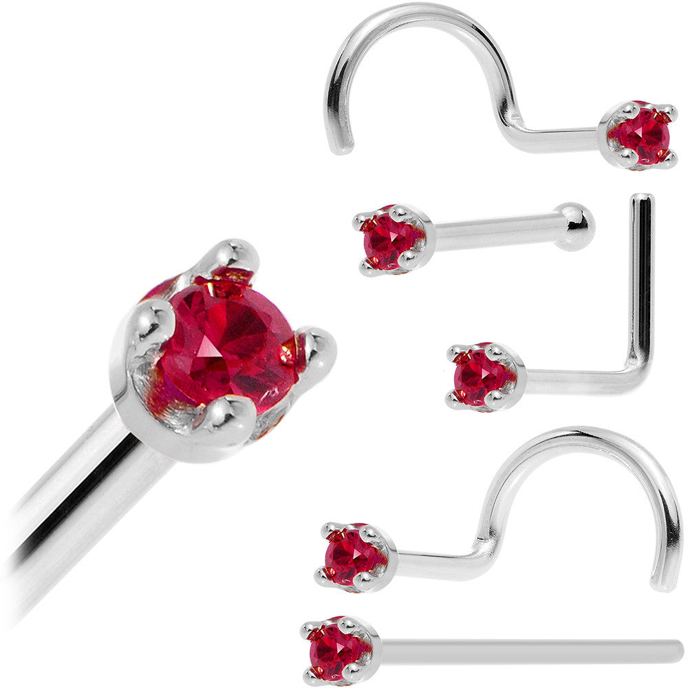 BodyCandy Solid 18K White Gold 1.5mm Diamond Cut Genuine Ruby Nose Ring — detail close-up