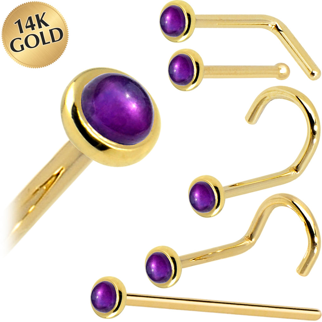 BodyCandy Solid 14K Yellow Gold 2mm Genuine Amethyst Nose Ring — main product shot