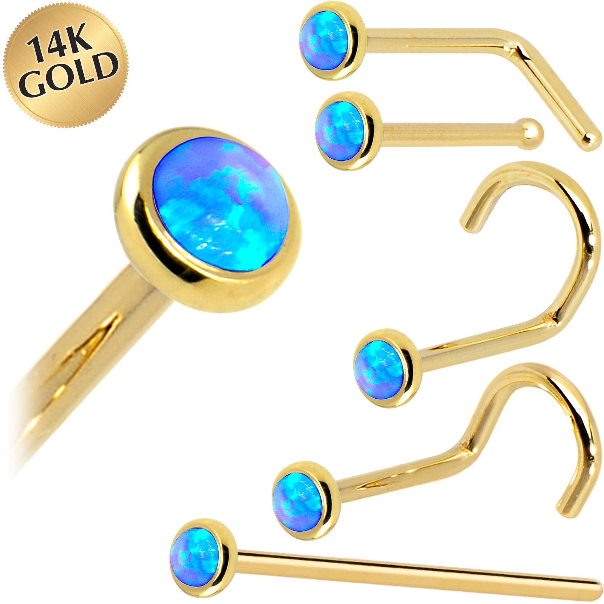 BodyCandy Solid 14K Yellow Gold 2mm Blue Synthetic Opal Nose Ring — main product shot
