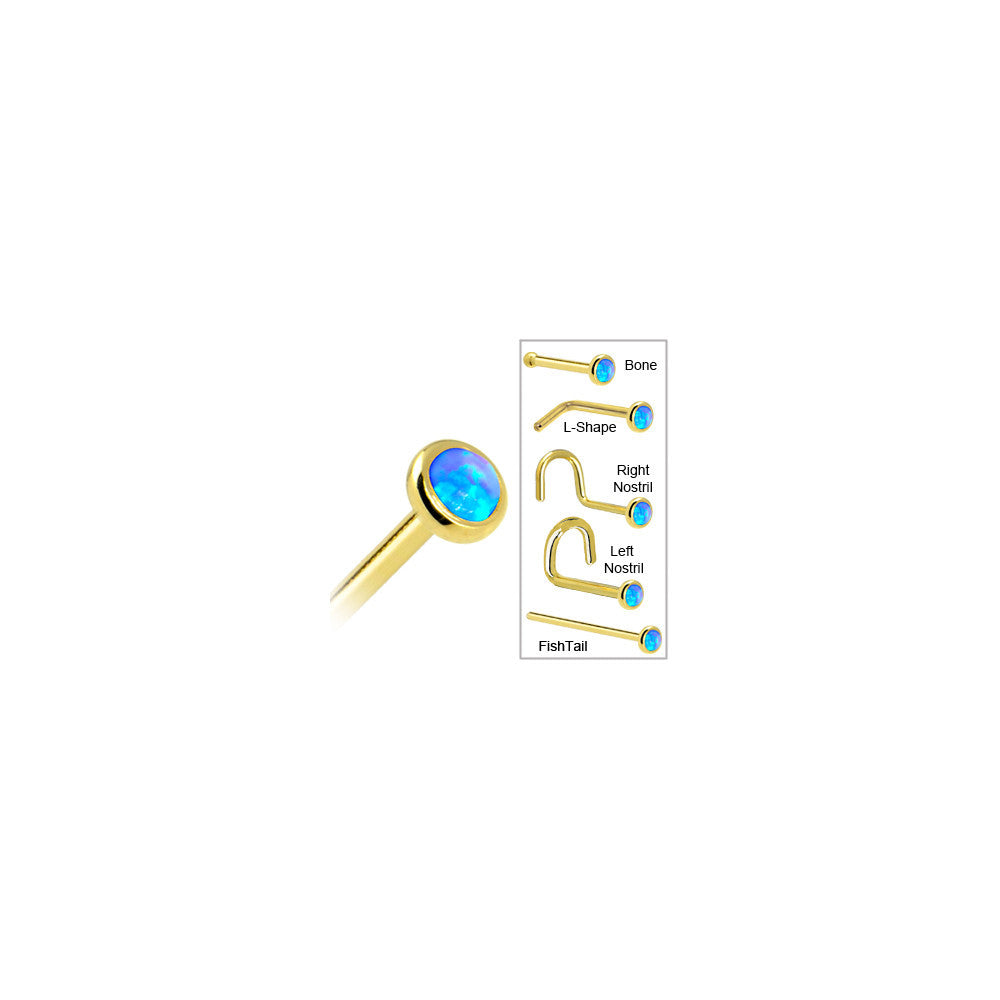 BodyCandy Solid 14K Yellow Gold 2mm Blue Synthetic Opal Nose Ring — in-use photo