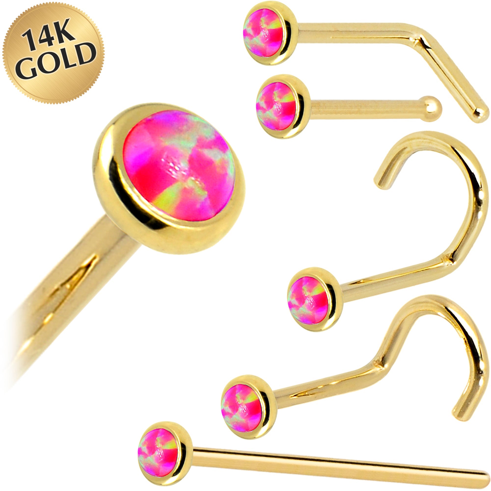 BodyCandy Solid 14K Yellow Gold 2mm Brilliant Pink Synthetic Opal Nose Ring — main product shot