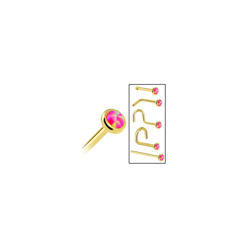 BodyCandy Solid 14K Yellow Gold 2mm Brilliant Pink Synthetic Opal Nose Ring — in-use photo