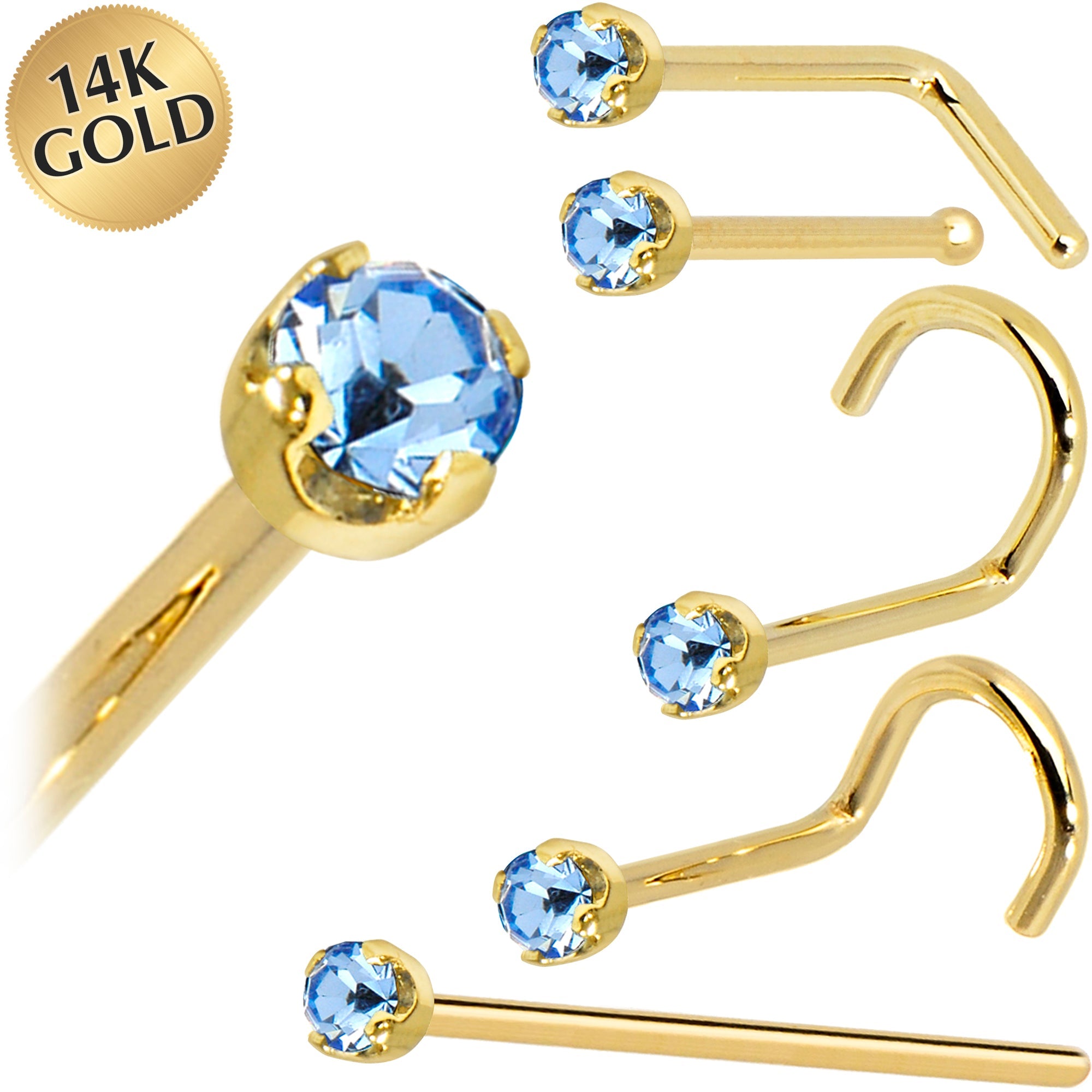 BodyCandy Solid 14K Yellow Gold 2mm Light Blue Cubic Zirconia Nose Ring — main product shot