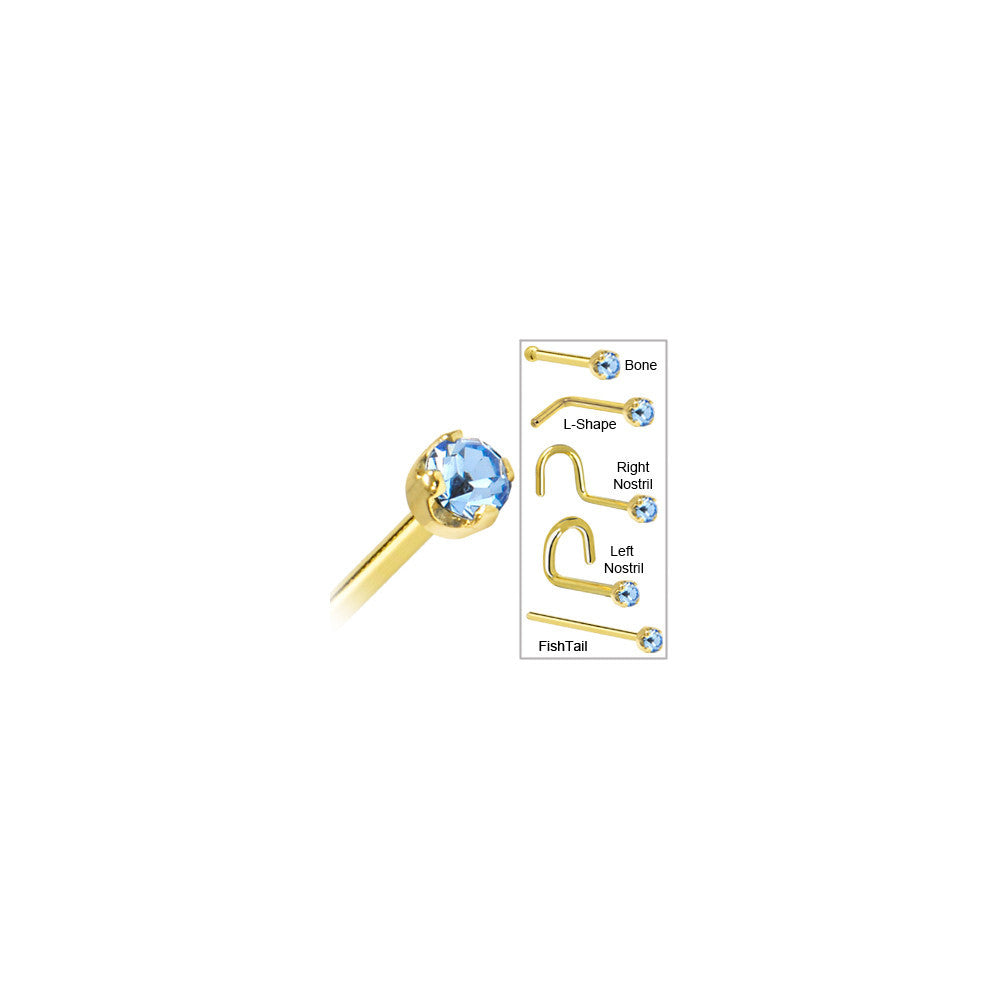 BodyCandy Solid 14K Yellow Gold 2mm Light Blue Cubic Zirconia Nose Ring — in-use photo