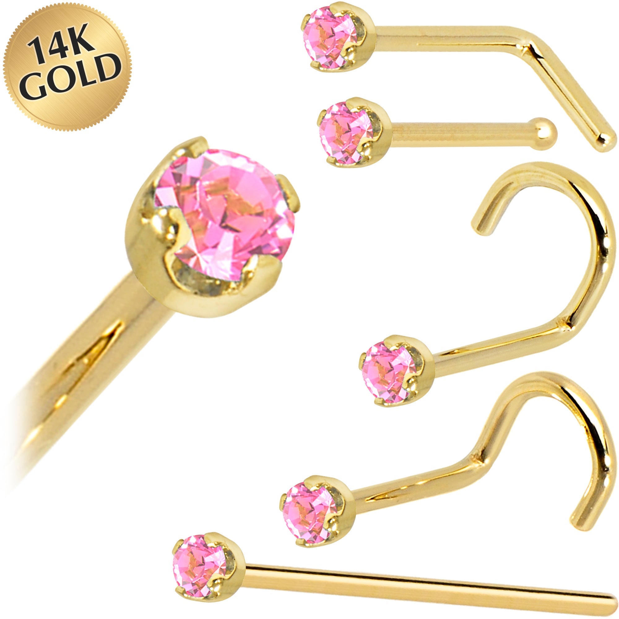 BodyCandy Solid 14K Yellow Gold 2mm Pink Cubic Zirconia Nose Ring — main product shot